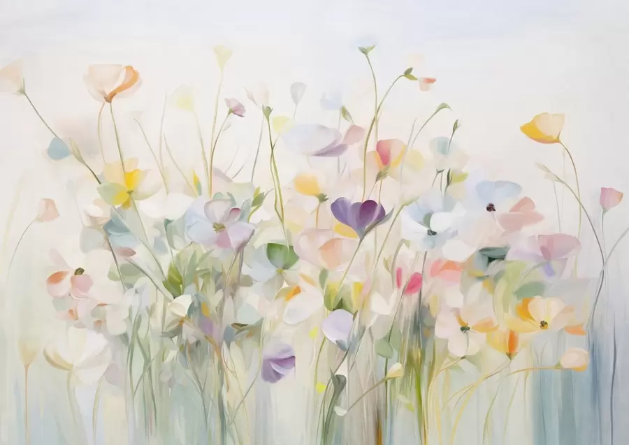 wall murals Abstract field of colorful flowers with long stems and green leaves, textured, pastel, light colors w09466