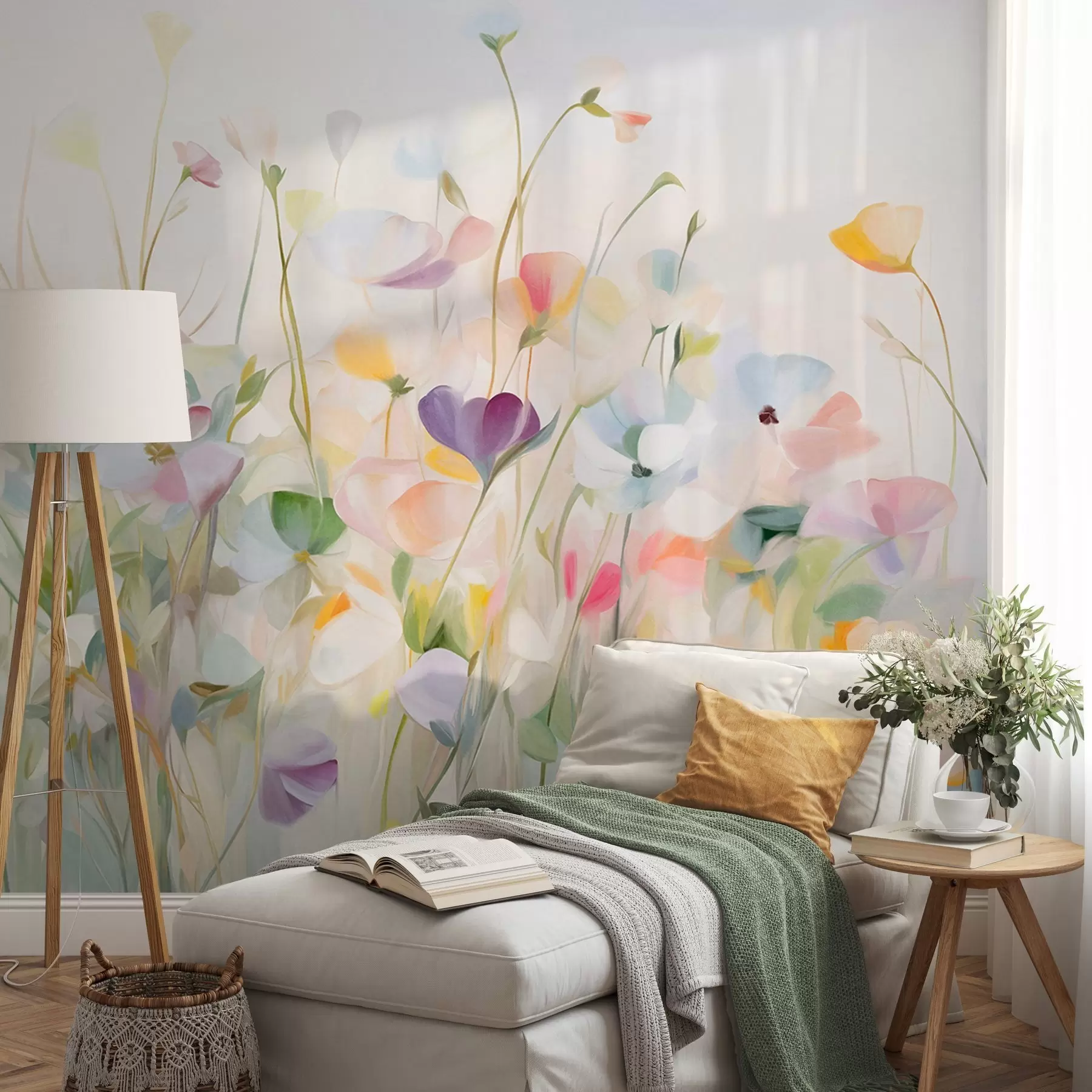 Wall Mural Photo Wallpaper Abstract field of colorful flowers with long stems and green leaves, textured, pastel, light colors w09466
