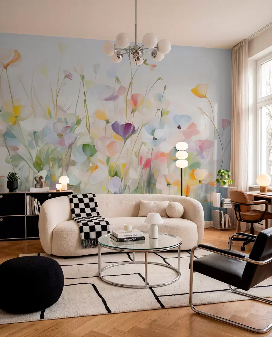Wall Mural Photo Wallpaper Abstract field of colorful flowers with long stems and green leaves, textured, pastel, light colors w09466