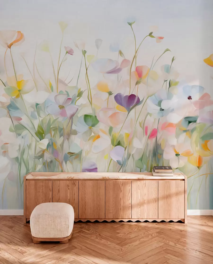 peintures murales Champ abstrait de fleurs colorées à longues tiges et feuilles vertes, texturé, couleurs pastel et claires w09466