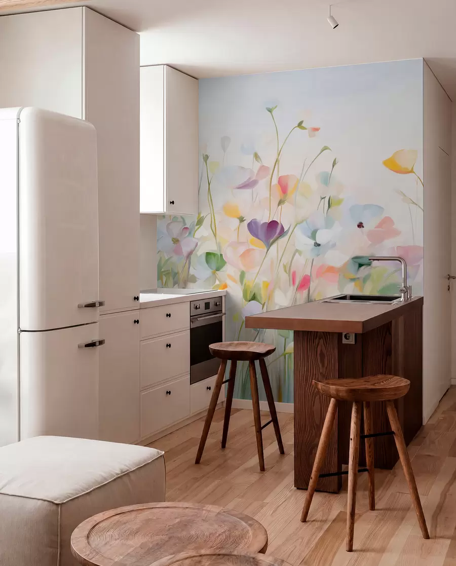 peintures murales Champ abstrait de fleurs colorées à longues tiges et feuilles vertes, texturé, couleurs pastel et claires w09466