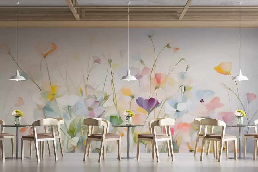 Wall Mural Photo Wallpaper Abstract field of colorful flowers with long stems and green leaves, textured, pastel, light colors w09466