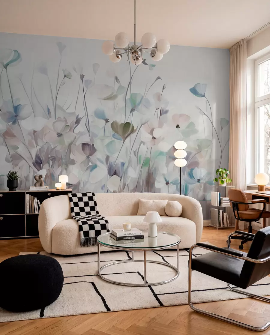 peintures murales Champ abstrait de fleurs bleues et brunes avec de longues tiges et feuilles, texturé, couleurs pastel et douces w09466v1
