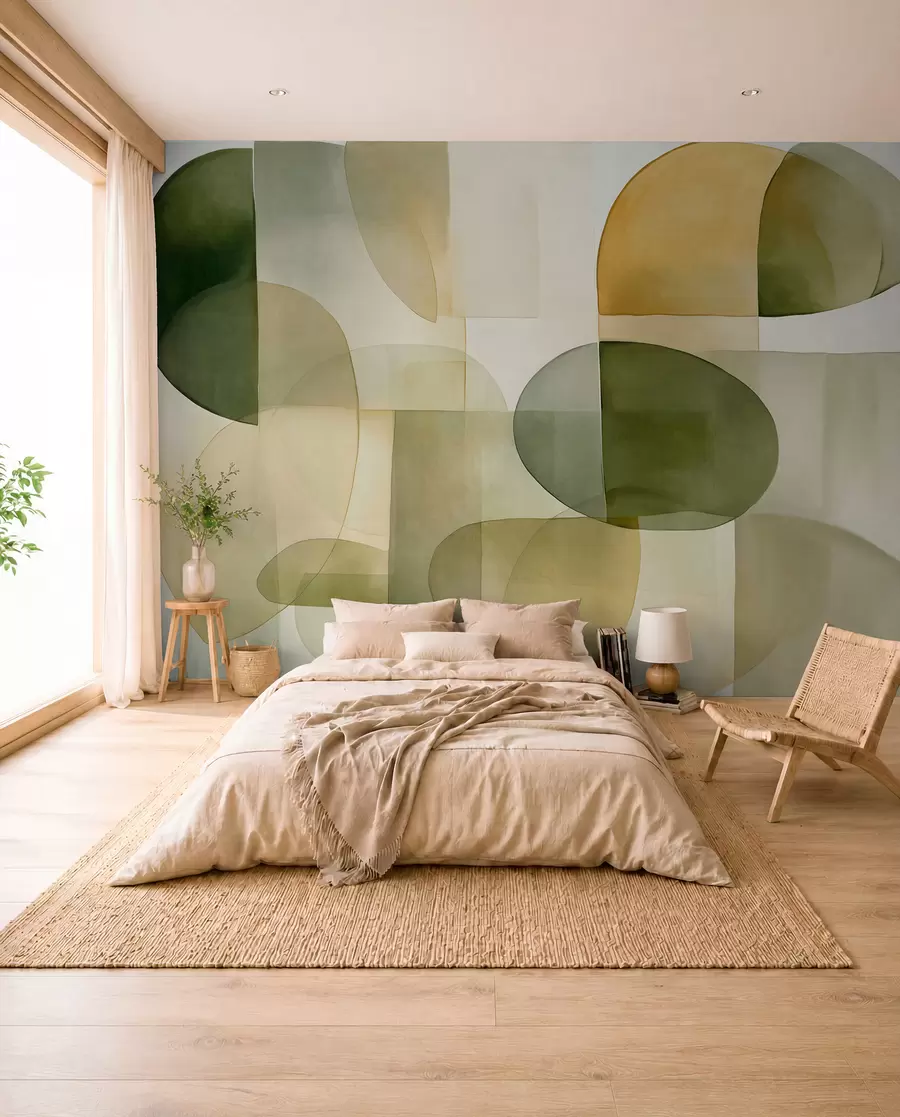 peintures murales Formes abstraites texturées dans des tons verts et jaunes, couleurs douces, composition minimaliste, arrière-plan neutre w09467