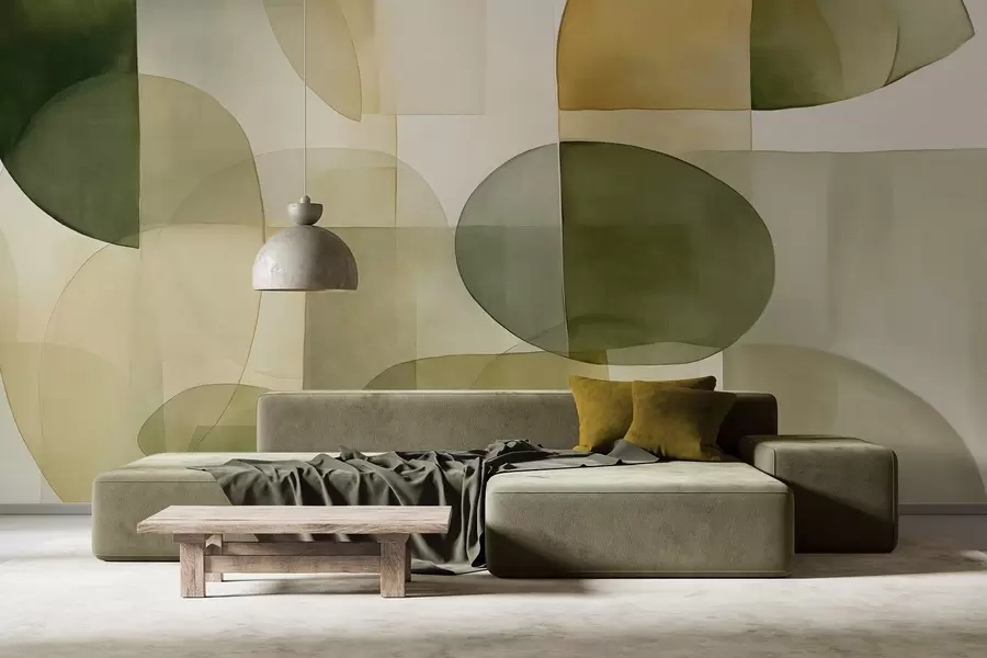 Wall Mural Photo Wallpaper Abstract textured shapes in shades of green and yellow, muted tones, minimalist composition, neutral background w09467