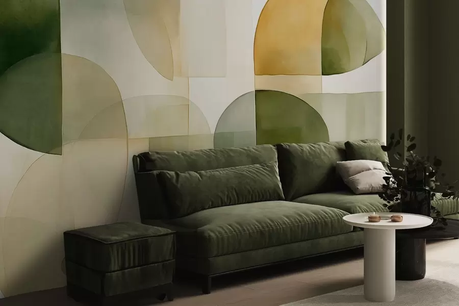 Wall Mural Photo Wallpaper Abstract textured shapes in shades of green and yellow, muted tones, minimalist composition, neutral background w09467