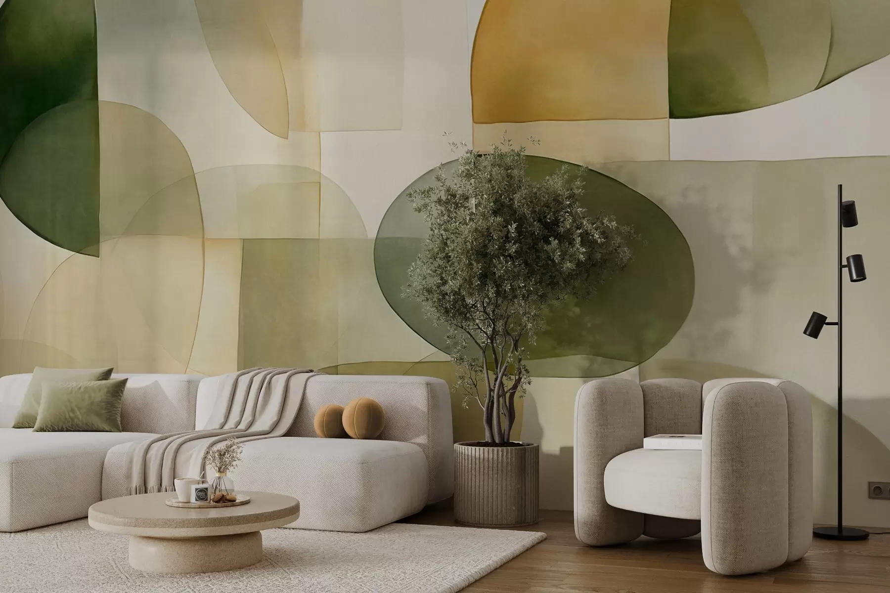 peintures murales Formes abstraites texturées dans des tons verts et jaunes, couleurs douces, composition minimaliste, arrière-plan neutre w09467