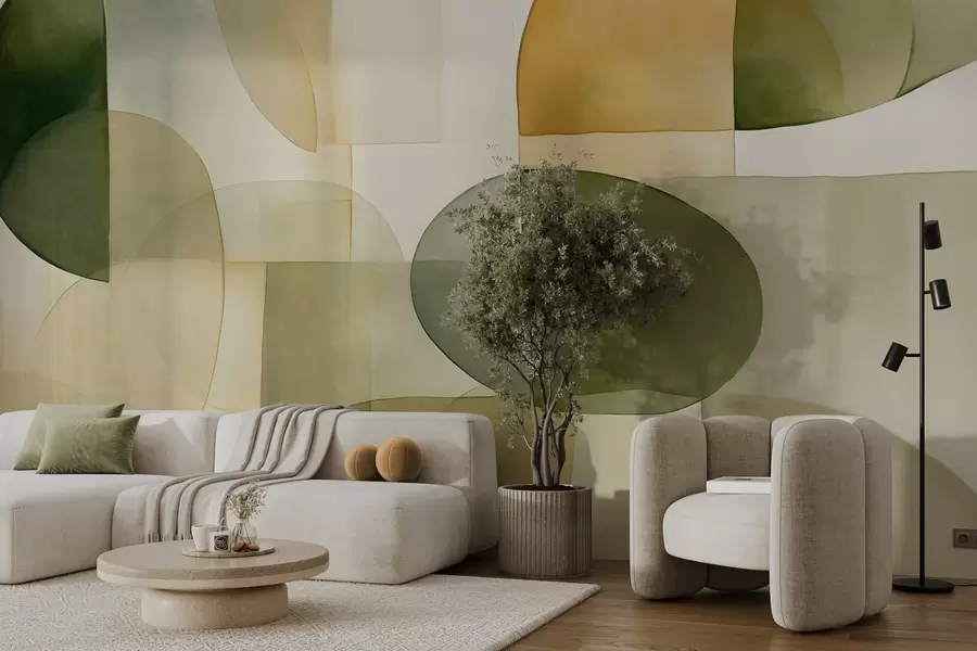 wall murals Abstract textured shapes in shades of green and yellow, muted tones, minimalist composition, neutral background w09467