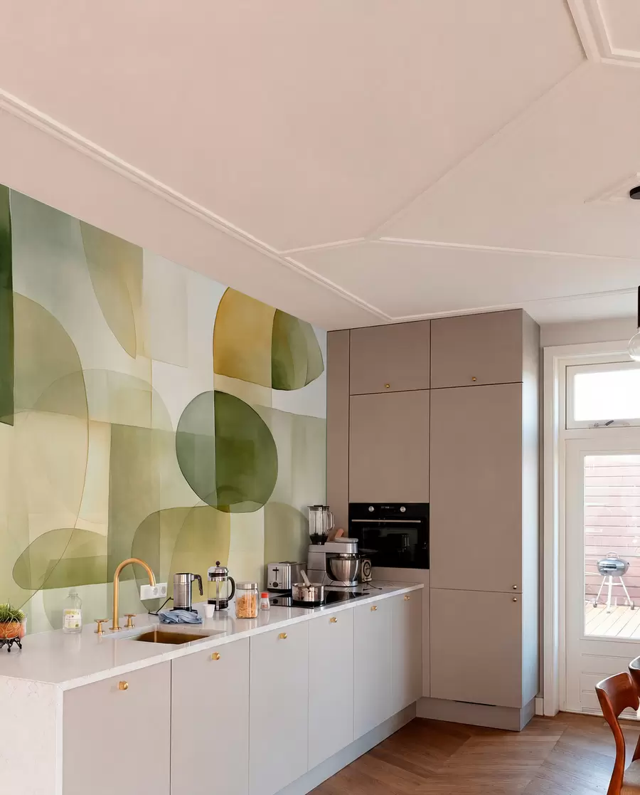 peintures murales Formes abstraites texturées dans des tons verts et jaunes, couleurs douces, composition minimaliste, arrière-plan neutre w09467