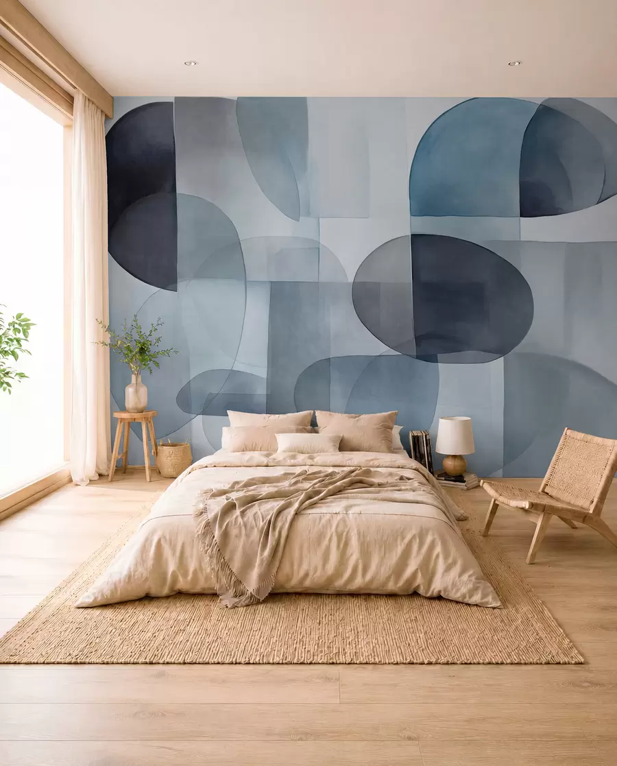 wall murals Abstract textured shapes in shades of gray and blue, muted tones, minimalist composition, neutral background w09467v1