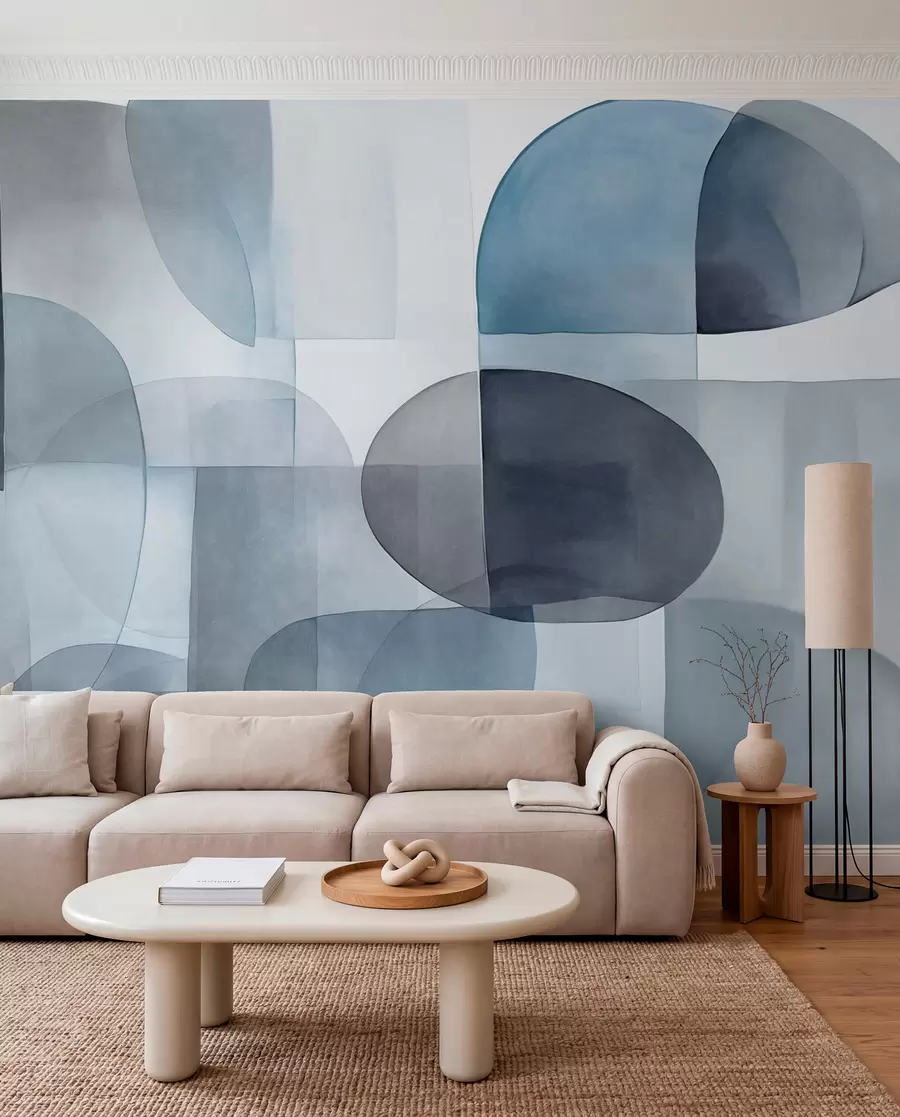 wall murals Abstract textured shapes in shades of gray and blue, muted tones, minimalist composition, neutral background w09467v1