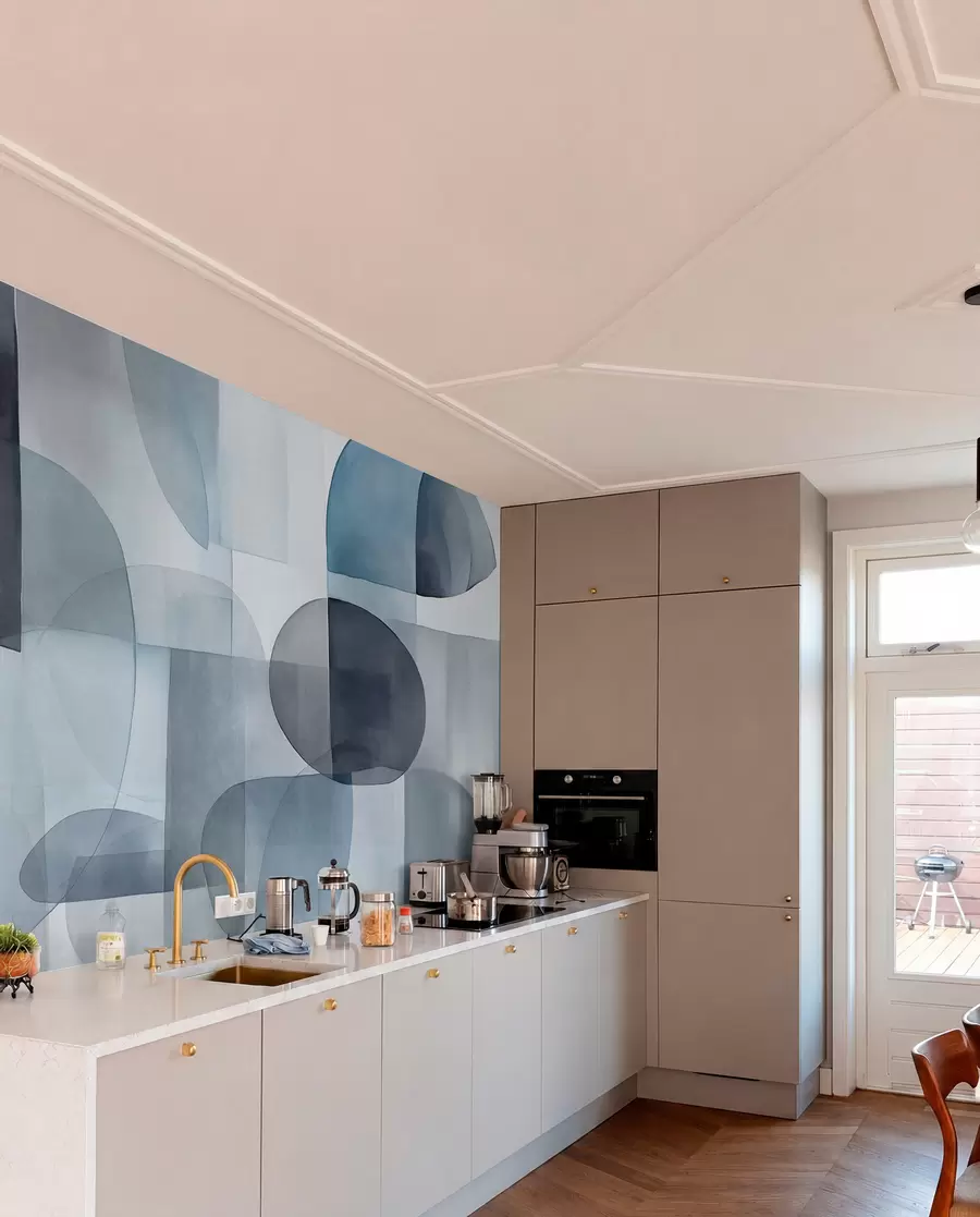 Wall Mural Photo Wallpaper Abstract textured shapes in shades of gray and blue, muted tones, minimalist composition, neutral background w09467v1