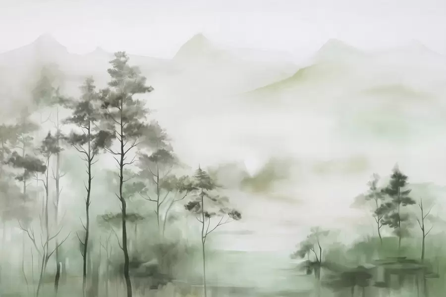 Wall Mural Photo Wallpaper Foggy landscape with tall trees and mountains muted green and gray tones, minimalist style, textured w09469