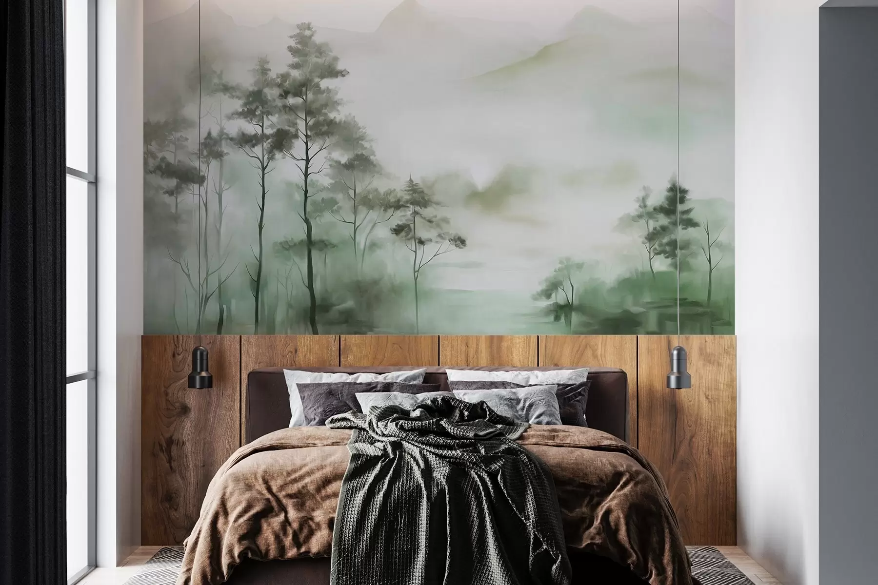 Wall Mural Photo Wallpaper Foggy landscape with tall trees and mountains muted green and gray tones, minimalist style, textured w09469