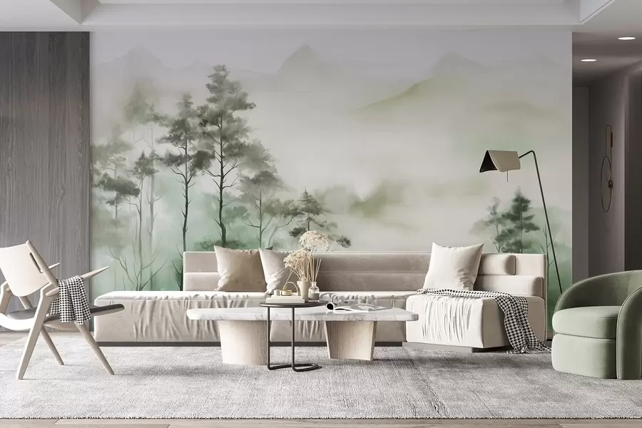 Wall Mural Photo Wallpaper Foggy landscape with tall trees and mountains muted green and gray tones, minimalist style, textured w09469
