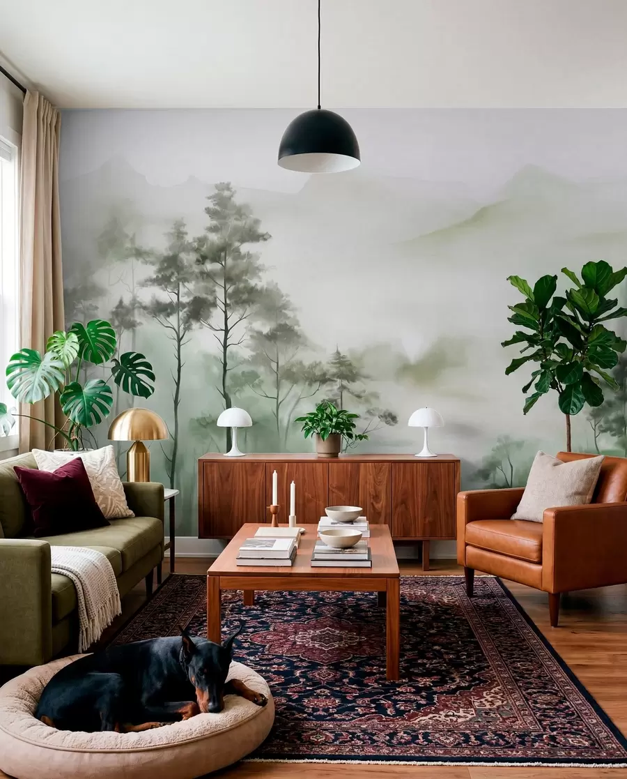 peintures murales Paysage brumeux avec de grands arbres et des montagnes aux tons verts et gris discrets, style minimaliste, texturé w09469