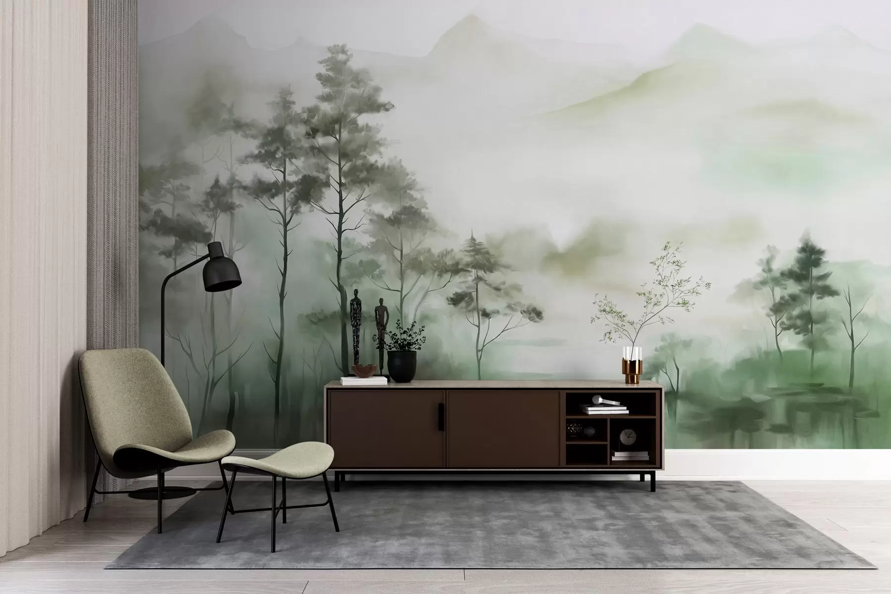 murais de parede Paisagem enevoada com árvores altas e montanhas em tons suaves de verde e cinza, estilo minimalista, texturizado w09469
