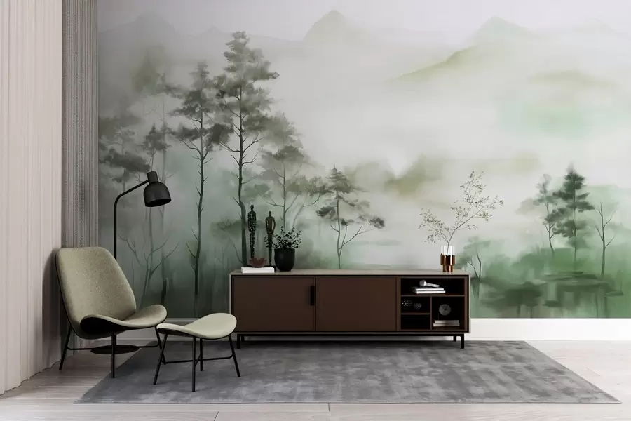 Wall Mural Photo Wallpaper Foggy landscape with tall trees and mountains muted green and gray tones, minimalist style, textured w09469