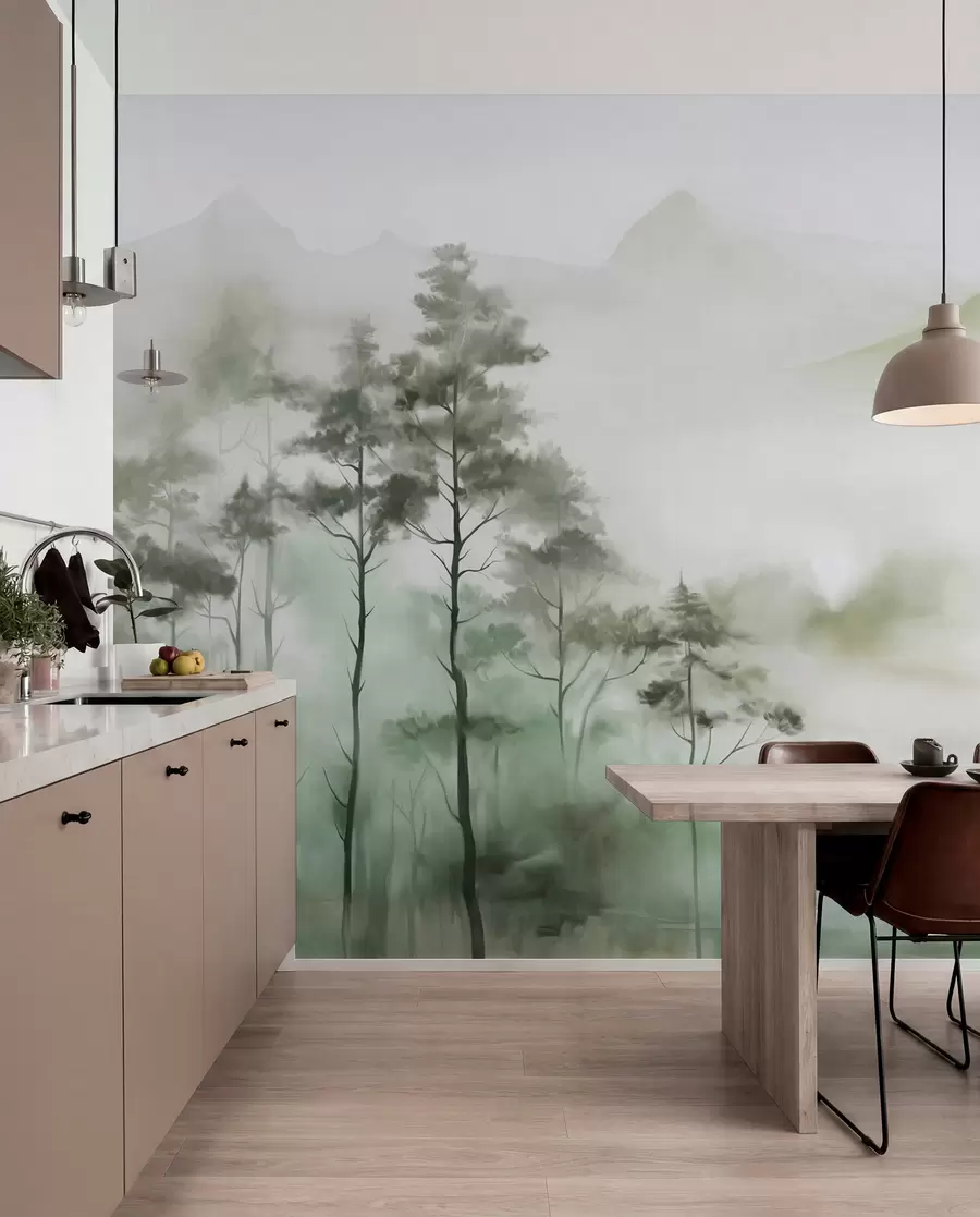 peintures murales Paysage brumeux avec de grands arbres et des montagnes aux tons verts et gris discrets, style minimaliste, texturé w09469