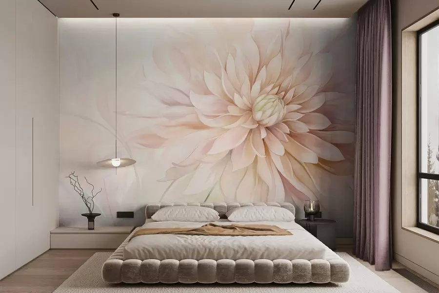 murales Una flor de dalia rosa claro con muchos pétalos, fondo pastel de textura suave con toques de verde y beige w09470
