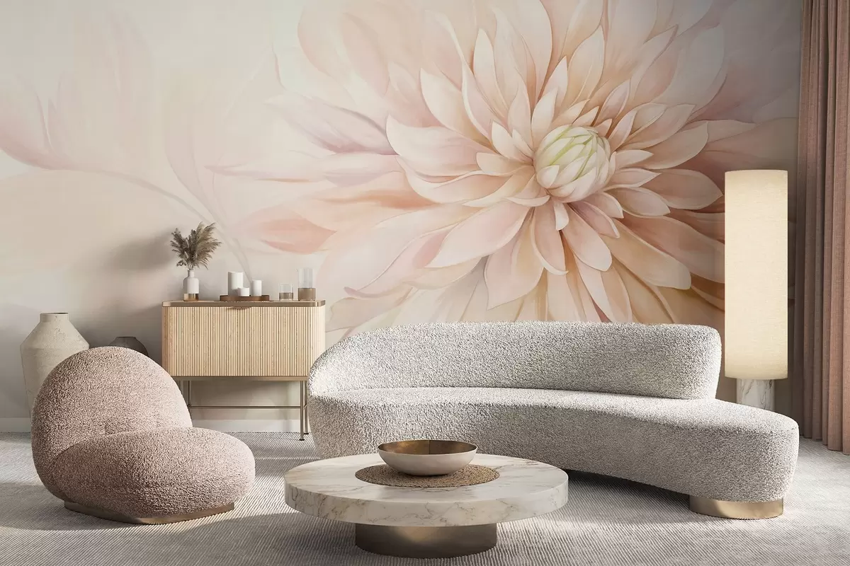 Wall Mural Photo Wallpaper A light pink dahlia flower with many petals, soft textured pastel background with hints of green and beige w09470