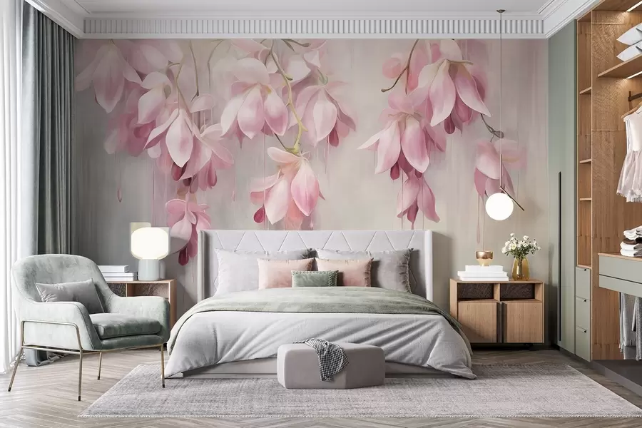 Wall Mural Photo Wallpaper Hanging pink flowers, light gray background, floral textured arrangement, botanical art, pastel colors w09471