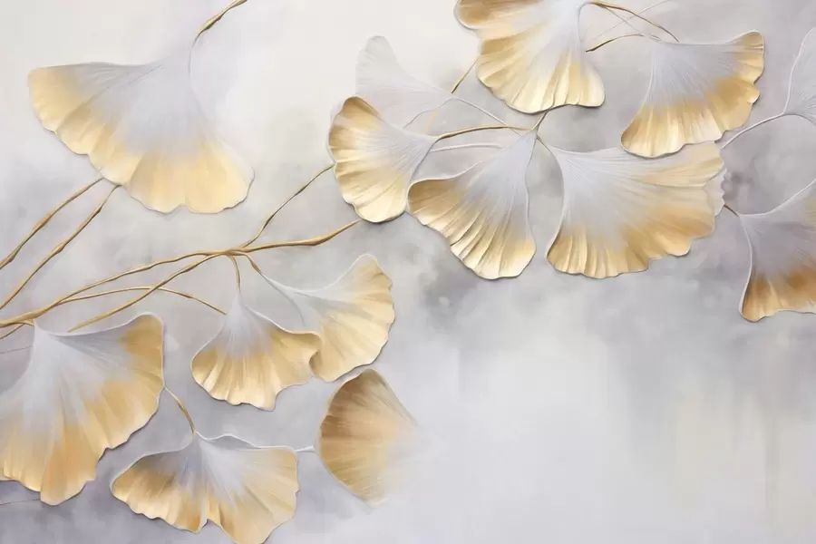 wall murals Ginkgo biloba leaves with yellow edges on a branch, gray textured background, elegant and minimalist design w09472