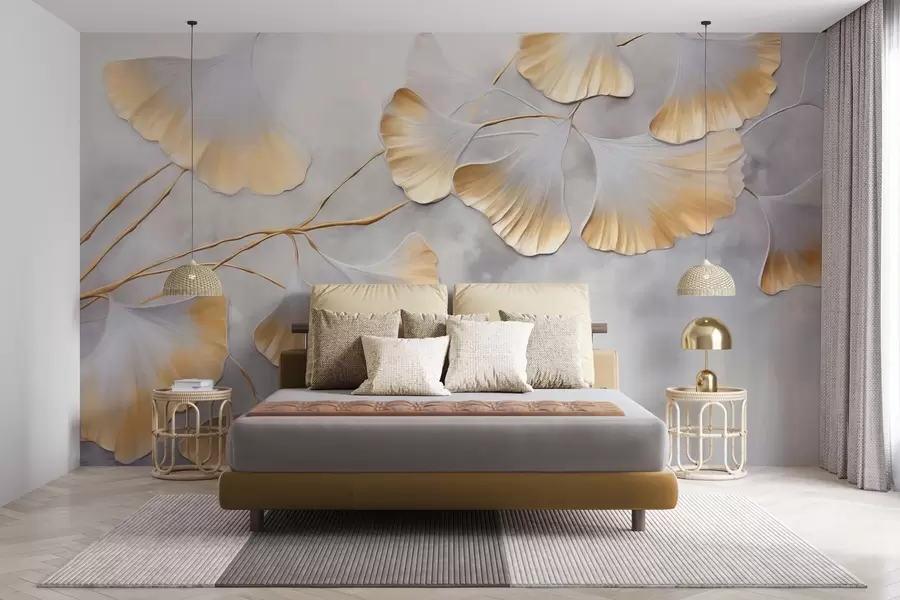 Wall Mural Photo Wallpaper Ginkgo biloba leaves with yellow edges on a branch, gray textured background, elegant and minimalist design w09472