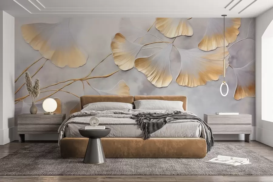 murales Hojas de ginkgo biloba con bordes amarillos en una rama, fondo gris texturizado, diseño elegante y minimalista w09472