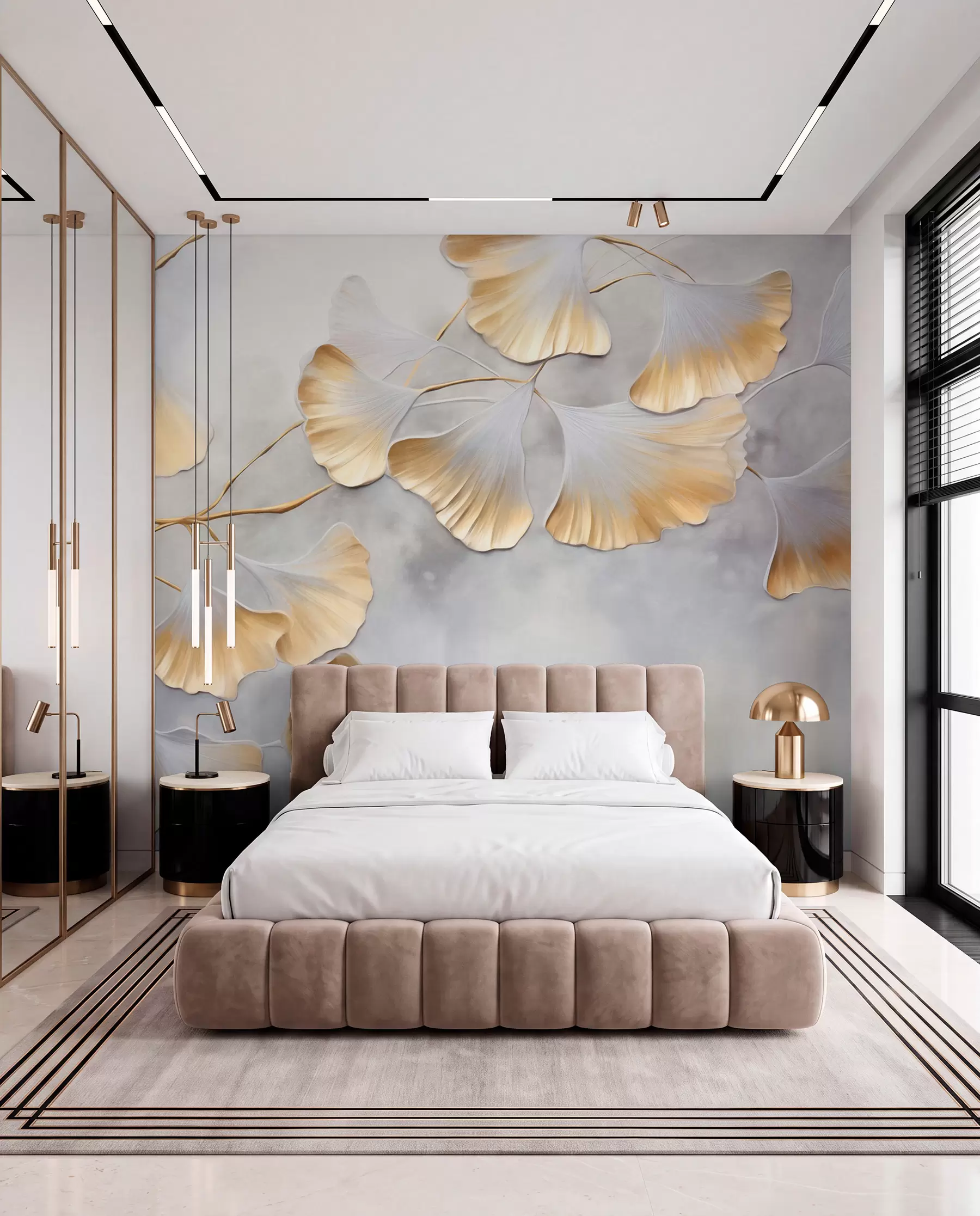 Wall Mural Photo Wallpaper Ginkgo biloba leaves with yellow edges on a branch, gray textured background, elegant and minimalist design w09472