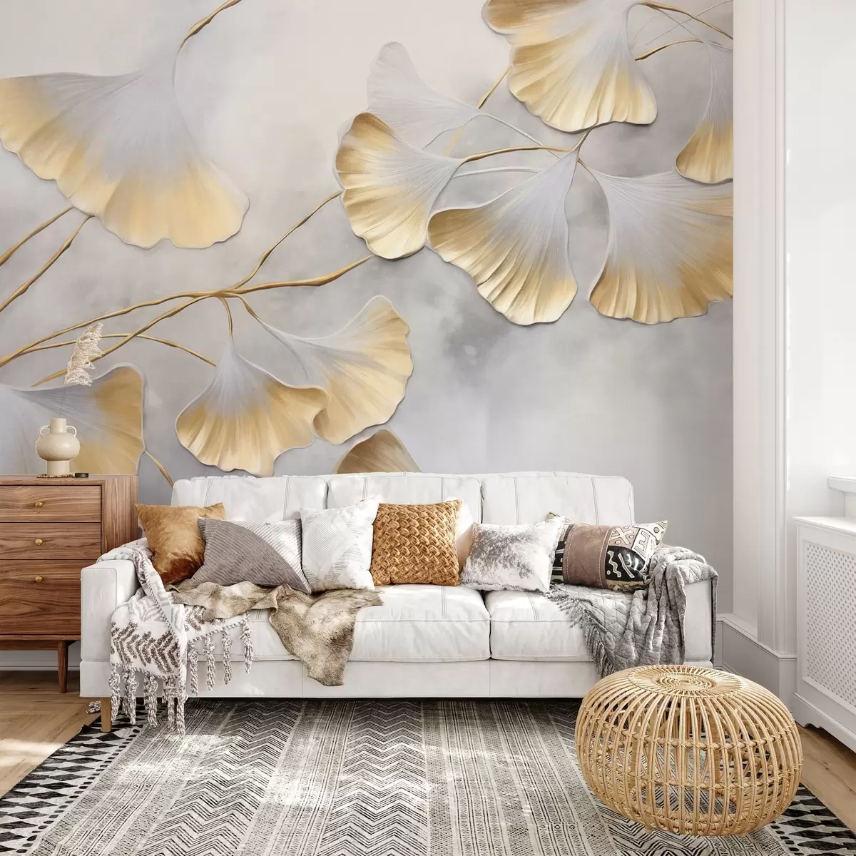 murales Hojas de ginkgo biloba con bordes amarillos en una rama, fondo gris texturizado, diseño elegante y minimalista w09472