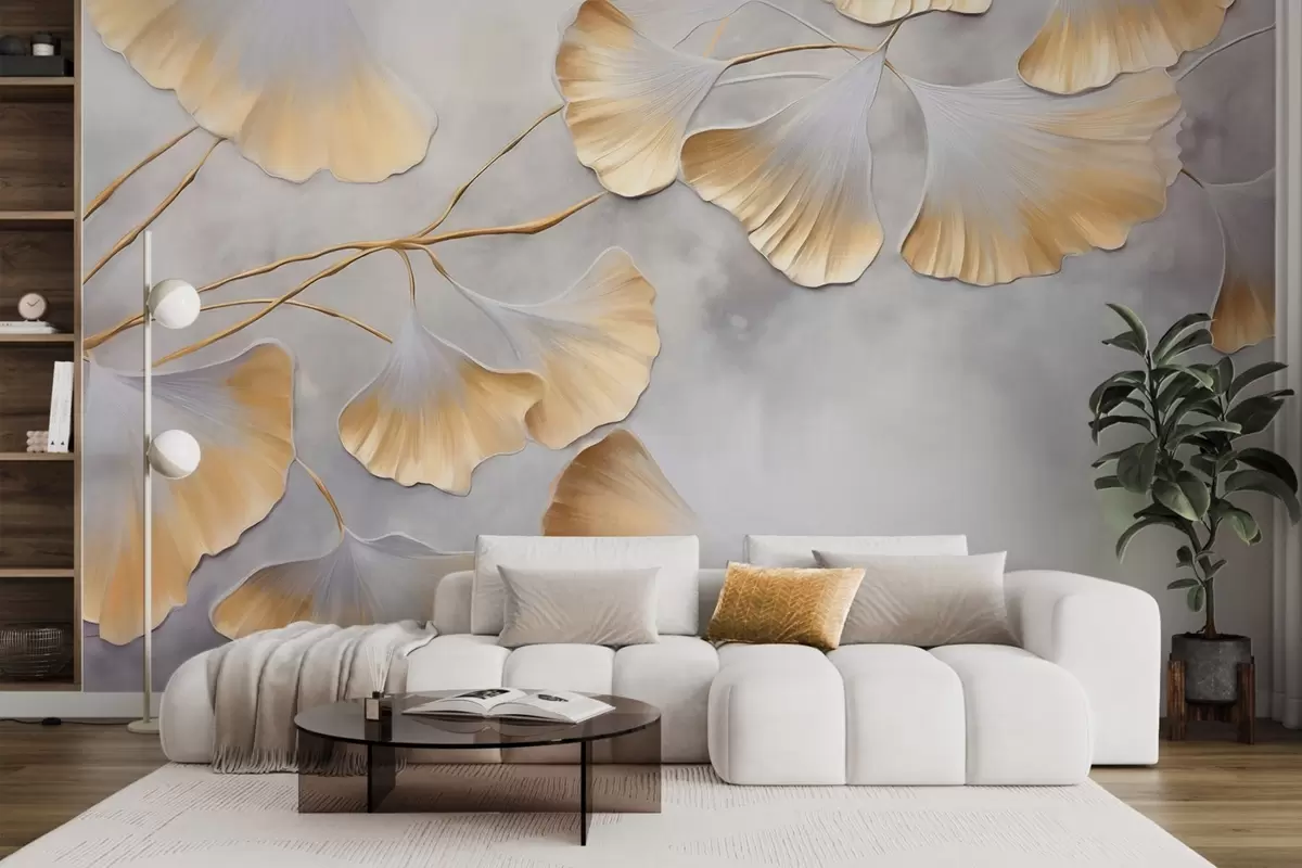 murales Hojas de ginkgo biloba con bordes amarillos en una rama, fondo gris texturizado, diseño elegante y minimalista w09472