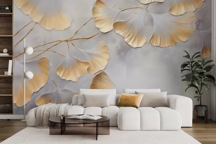 murales Hojas de ginkgo biloba con bordes amarillos en una rama, fondo gris texturizado, diseño elegante y minimalista w09472