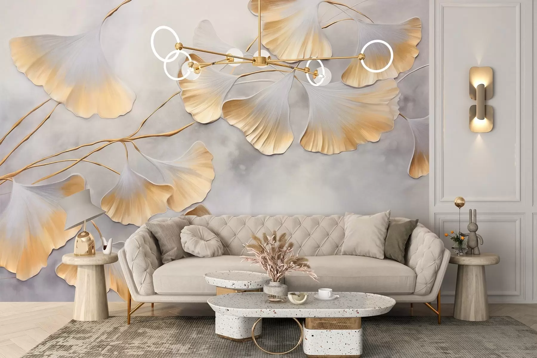 peintures murales Feuilles de ginkgo biloba aux bords jaunes sur une branche, fond texturé gris, design élégant et minimaliste w09472