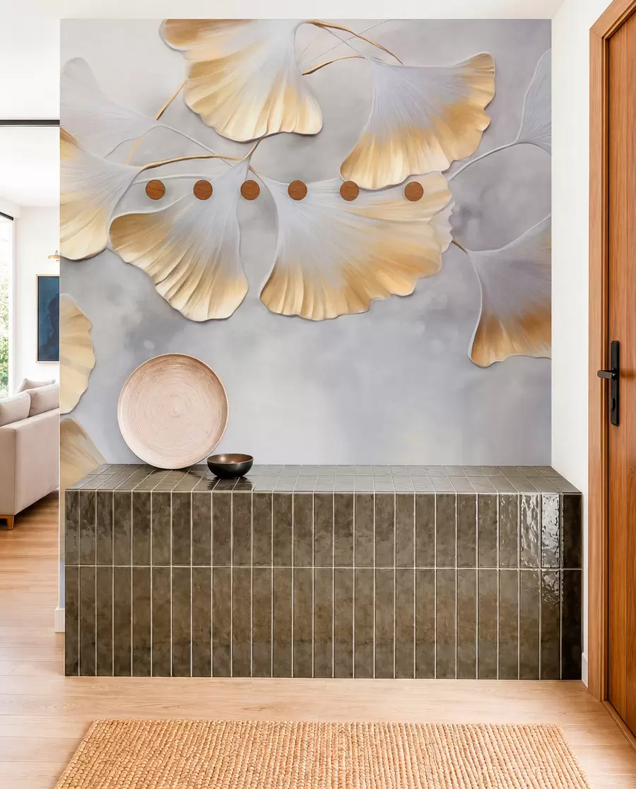 peintures murales Feuilles de ginkgo biloba aux bords jaunes sur une branche, fond texturé gris, design élégant et minimaliste w09472