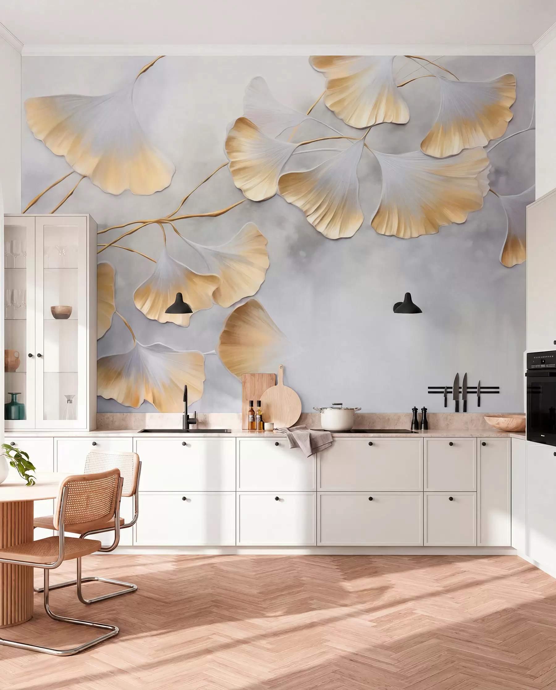 Wall Mural Photo Wallpaper Ginkgo biloba leaves with yellow edges on a branch, gray textured background, elegant and minimalist design w09472
