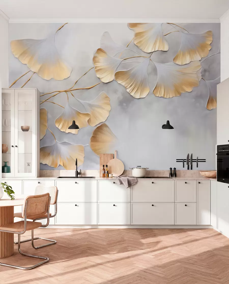 peintures murales Feuilles de ginkgo biloba aux bords jaunes sur une branche, fond texturé gris, design élégant et minimaliste w09472
