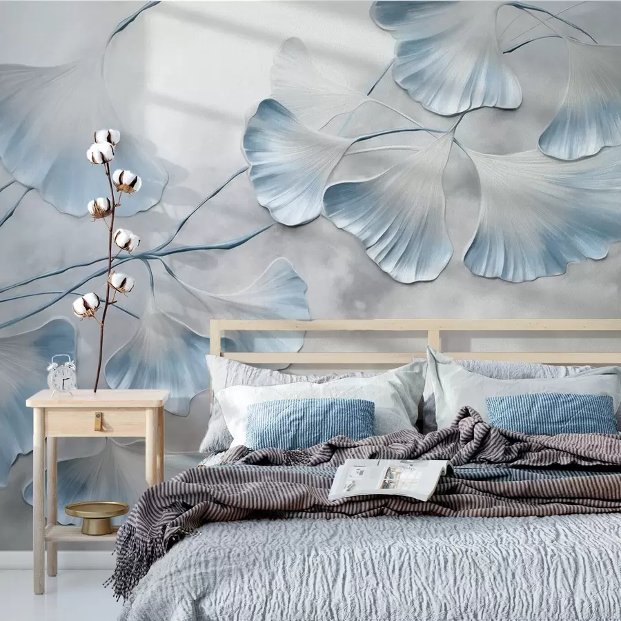 Wall Mural Photo Wallpaper Ginkgo biloba leaves with blue edges on a branch, gray textured background, elegant and minimalist design w09472v1