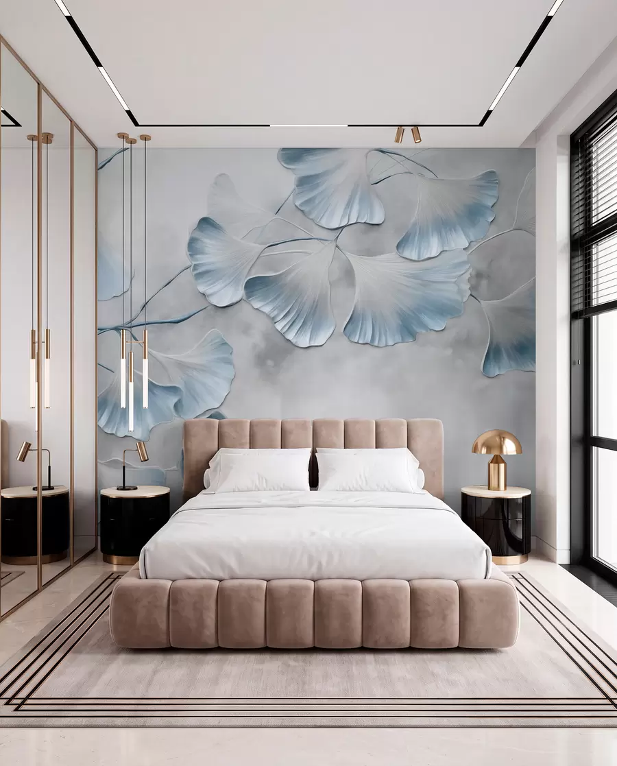 peintures murales Feuilles de ginkgo biloba aux bords bleus sur une branche, fond texturé gris, design élégant et minimaliste w09472v1