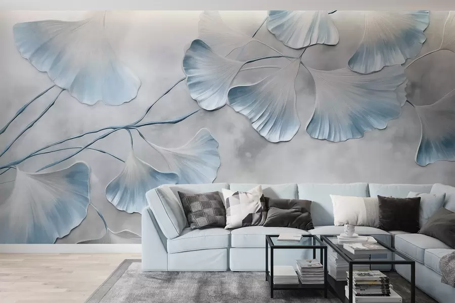 wall murals Ginkgo biloba leaves with blue edges on a branch, gray textured background, elegant and minimalist design w09472v1
