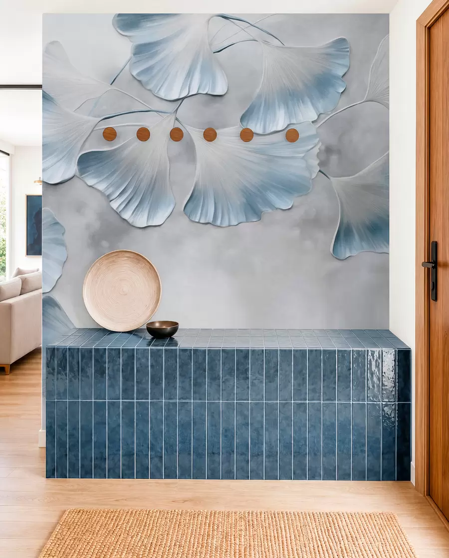 peintures murales Feuilles de ginkgo biloba aux bords bleus sur une branche, fond texturé gris, design élégant et minimaliste w09472v1