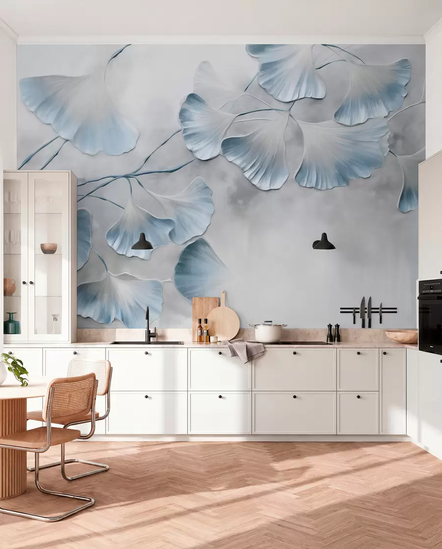 peintures murales Feuilles de ginkgo biloba aux bords bleus sur une branche, fond texturé gris, design élégant et minimaliste w09472v1