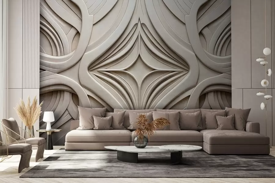 peintures murales Imprimé géométrique abstrait symétrique texturé, couleur beige clair, style art déco, détails complexes w09473