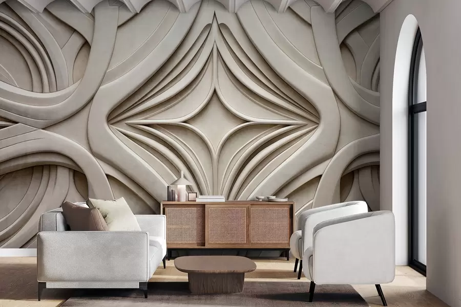 murales Estampado geométrico abstracto simétrico con textura, color beige claro, estilo art déco, detalles intrincados w09473