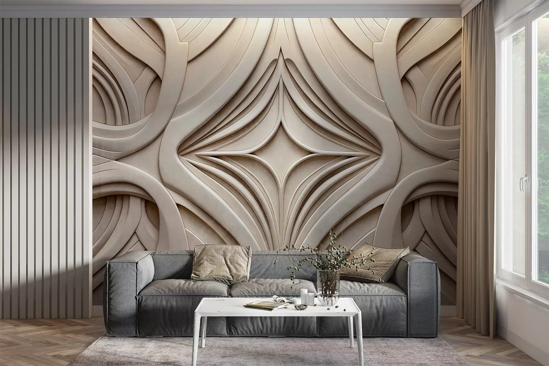 Wall Mural Photo Wallpaper Abstract symmetrical textured geometric print, light beige color, art deco style , intricate details w09473