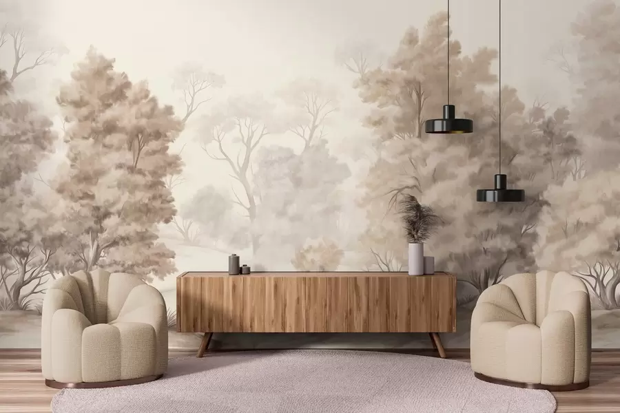 murales Pintura paisajística texturizada que imita un bosque con árboles altos y hierba, colores apagados y suaves, escena relajante w09474