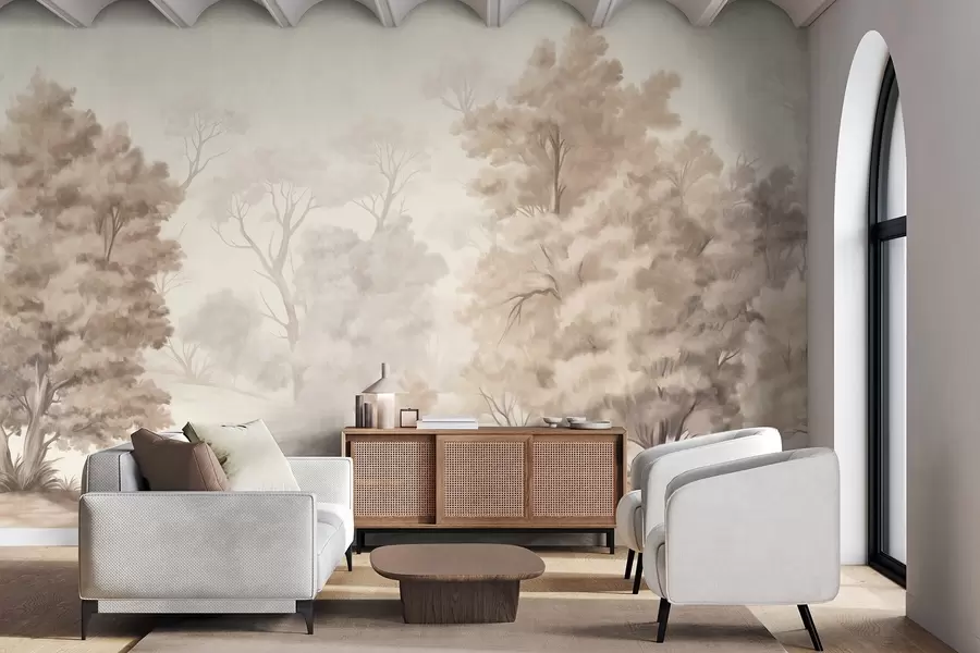 murales Pintura paisajística texturizada que imita un bosque con árboles altos y hierba, colores apagados y suaves, escena relajante w09474