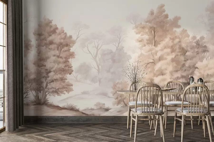 wall murals Textured landscape painting imitation of a forest with tall trees and grass, muted and soft colors, calming scene w09474