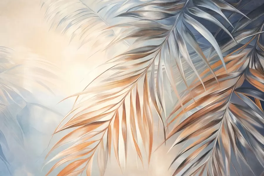 wall murals Palm leaves with orange and blue tones, light textured background with soft colors, elegant tropical style w09475