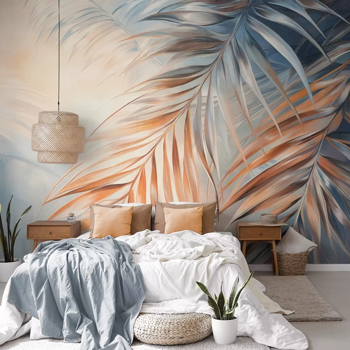 Wall Mural Photo Wallpaper Palm leaves with orange and blue tones, light textured background with soft colors, elegant tropical style w09475